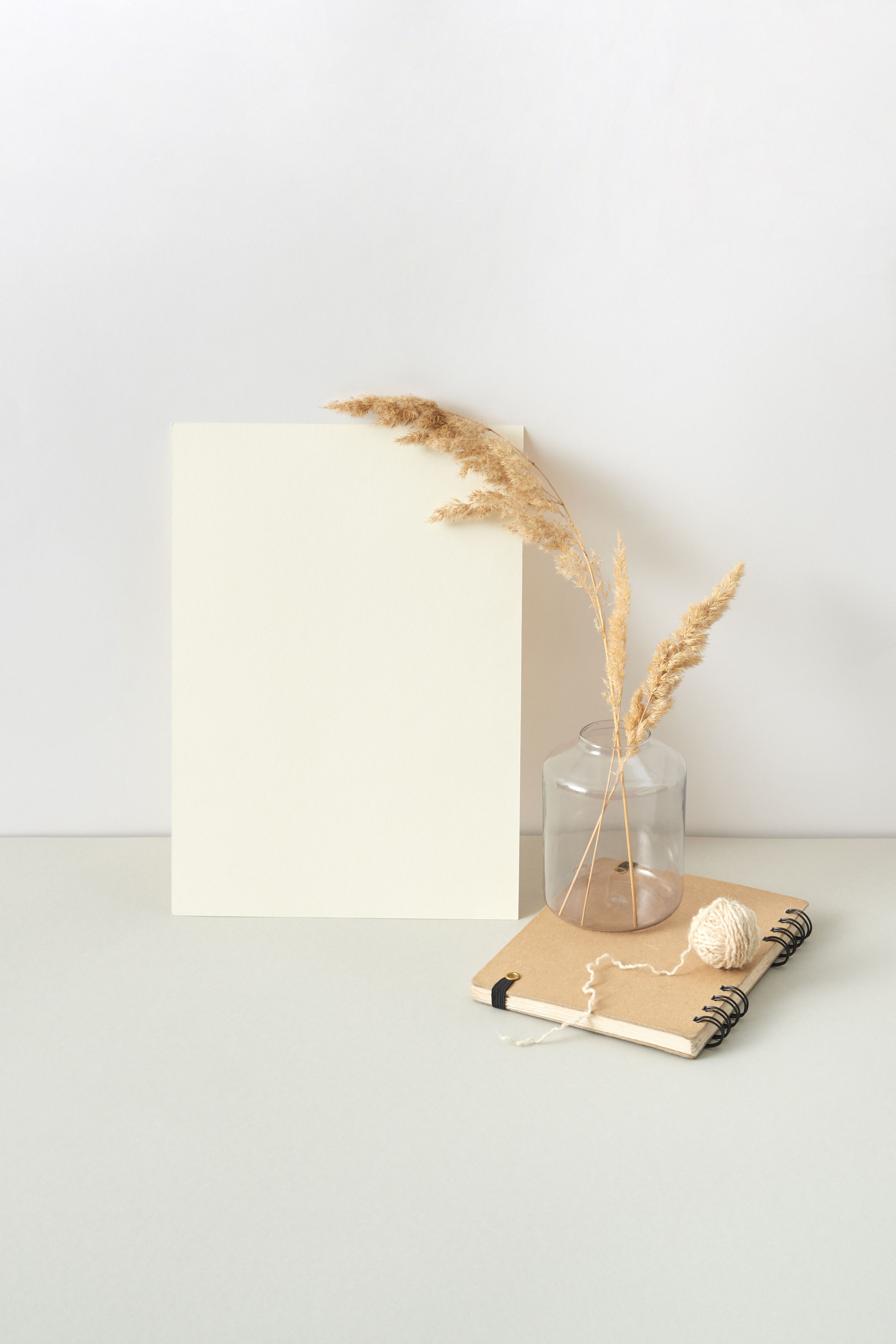 A minimalist still life photo featuring dry grass in a vase, a blank board, and a notebook on a neutral background.