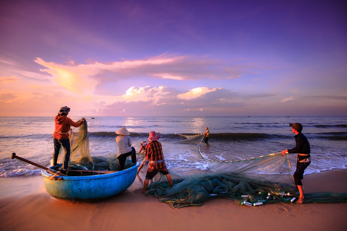 Anonymous people catching fish with throw net on sandy seashore