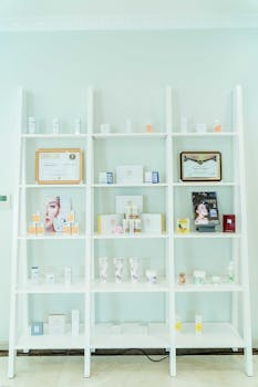 Neatly arranged skincare products on white shelves indoors, highlighting aesthetics and organization.