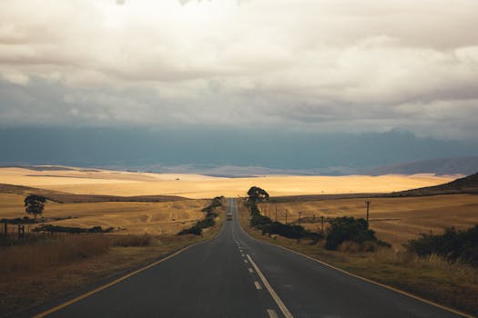 A tranquil rural road stretches through South African fields under a cloudy sky, capturing scenic beauty.