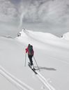 Anonymous traveler skiing on snowy mount under cloudy sky