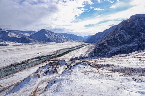 Mountains, Valley and a River Covered in Snow 