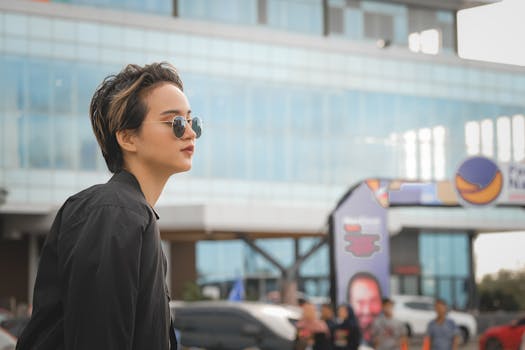 Fashionable woman in sunglasses posing outside an urban building.