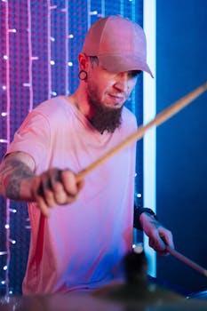 Tattooed drummer playing drums passionately in illuminated music studio.