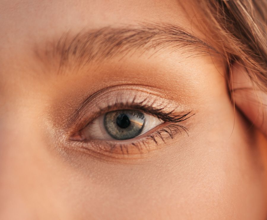 A soft, even brow above a grey-green eye