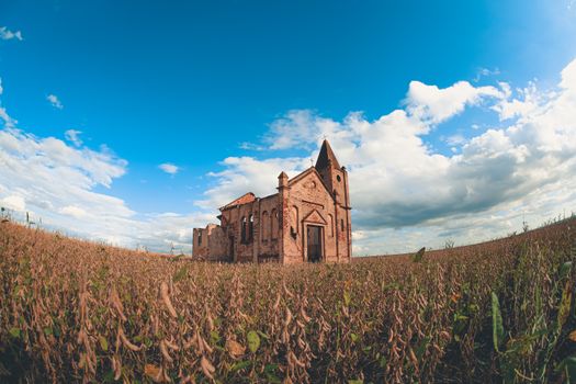 Ruins of old church in wild meadow in countryside