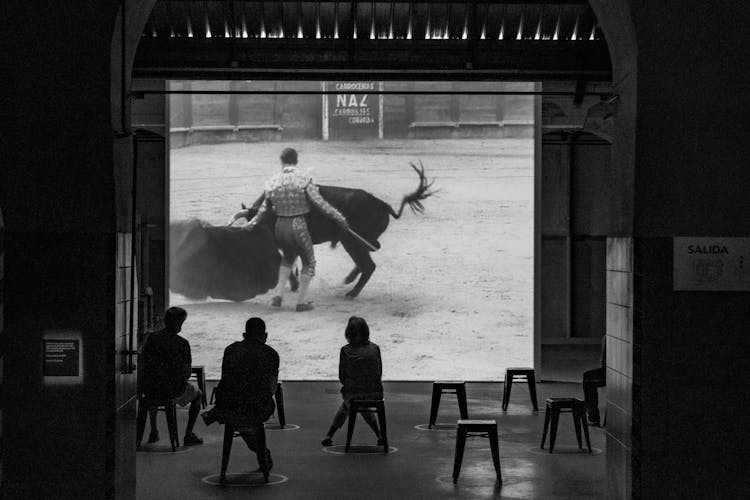 Black And White Photo Of People Watching Movie In Old Cinema