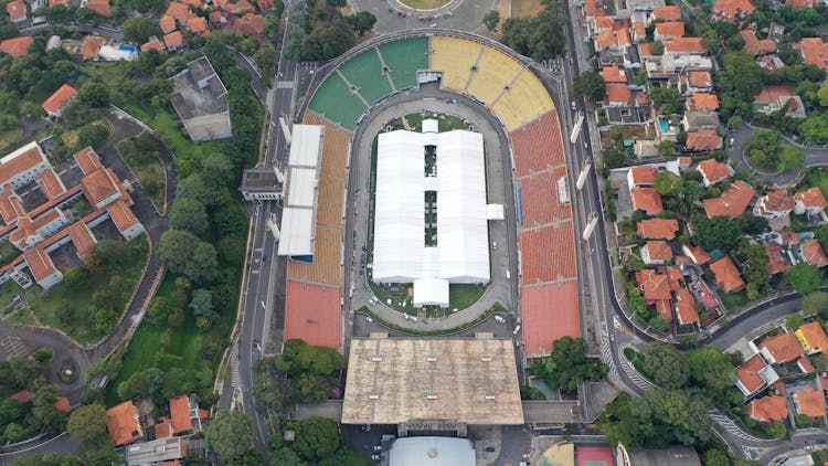 Drone View Of Modern Empty Stadium In Residential City Area