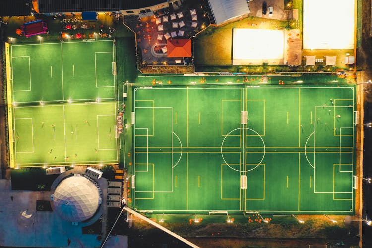 Aerial Modern Empty Football Fields At Night