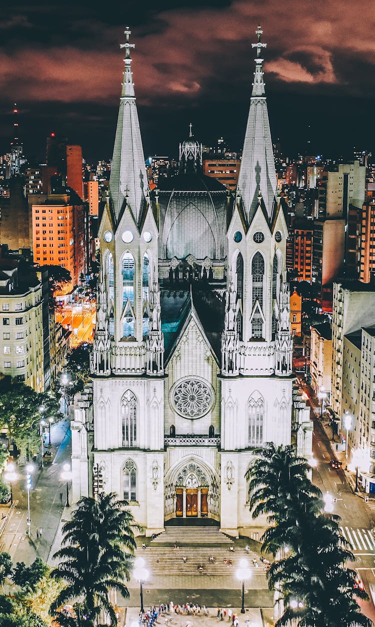 Exterior Of Majestic Gothic Cathedral At Night