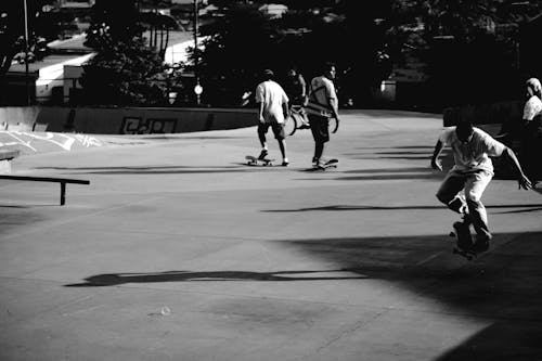 Free Black and white men practicing skateboarding on ramp in skate park at spare time Stock Photo