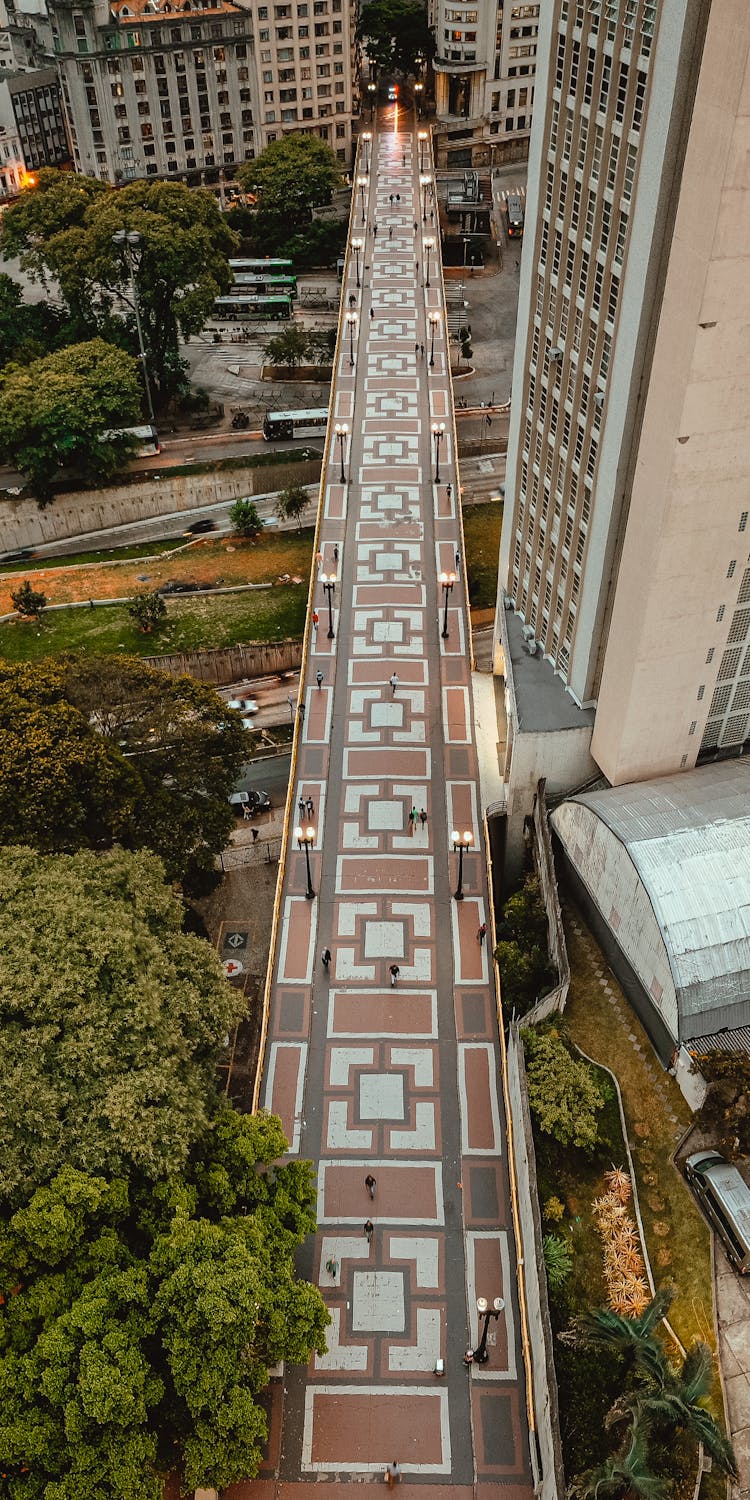 People Walking On Footbridge Above City Park