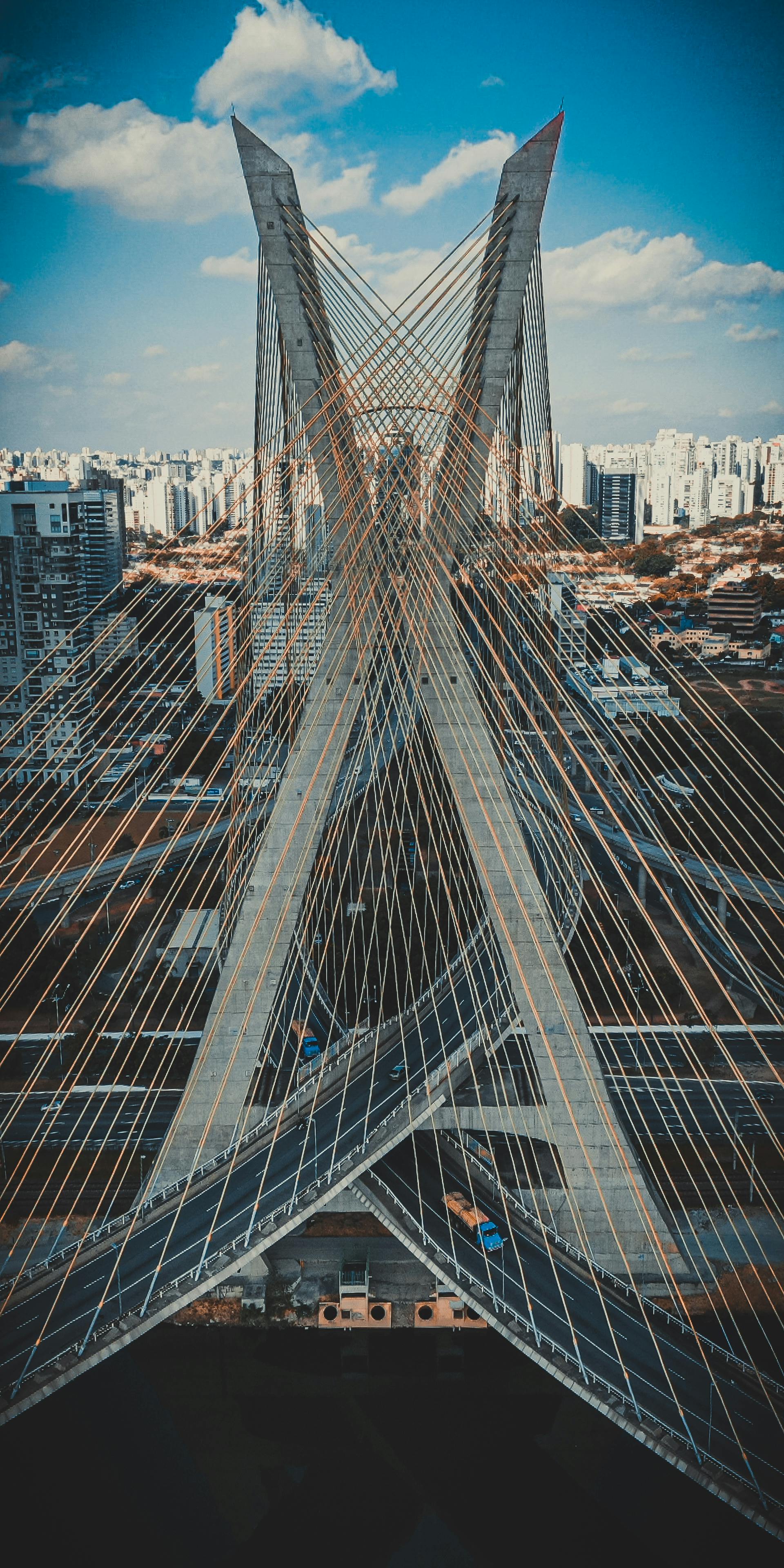 contemporary bridge in megapolis with skyscrapers