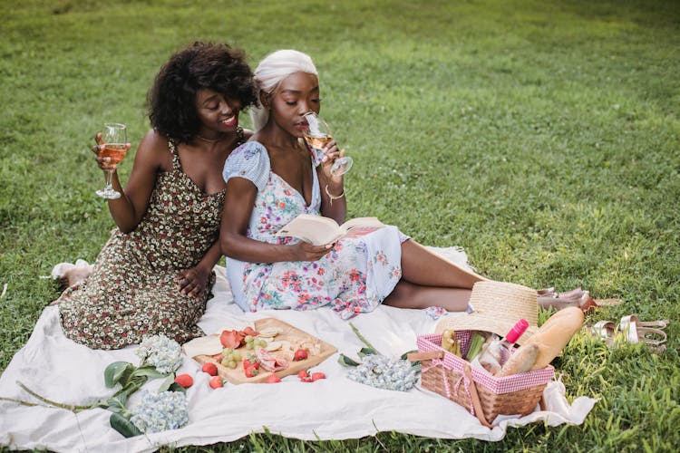 Smiling Women Reading Book On Picnic