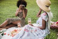 Woman in Brown and Black Leopard Print Dress Sitting on White Textile on Green Grass Field
