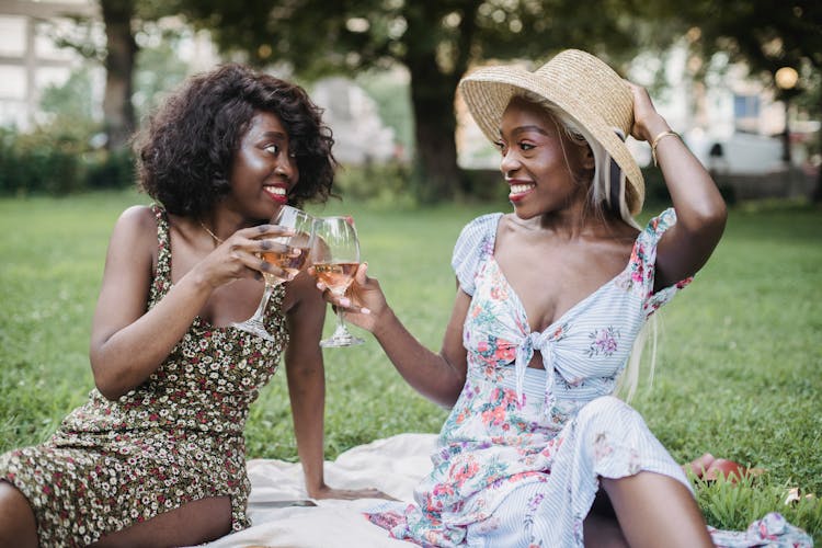 Happy Women Drinking Wine On Picnic