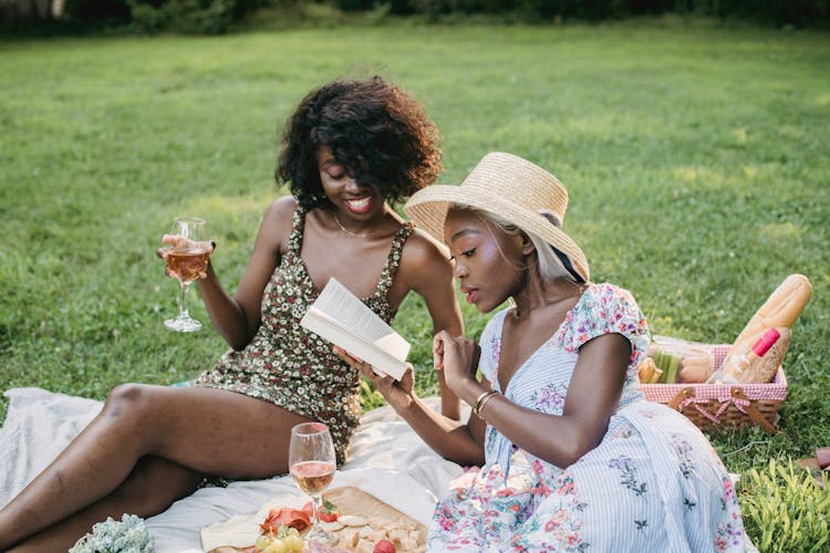 Women Having A Picnic And Drinking Wine 