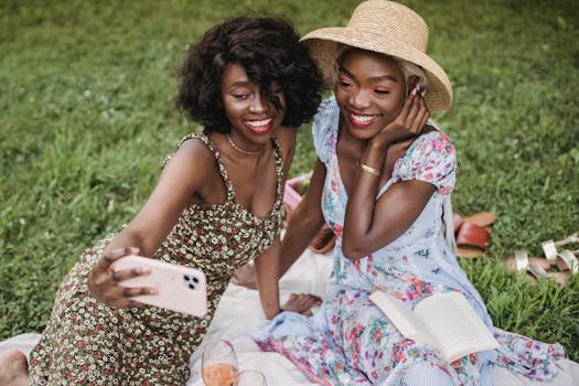 Two happy women taking a selfie during a summer picnic outside. Captured in vibrant natural light.