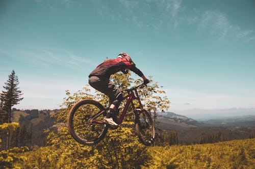 Free Man Riding Black and Red Mountain Bike on Green Grass Field Stock Photo
