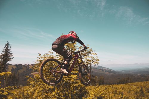 Free Mountain biker flying through the air against a picturesque backdrop of lush greenery and blue skies. Stock Photo
