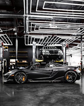A stylish McLaren supercar parked in a futuristic garage, showcasing speed and luxury.
