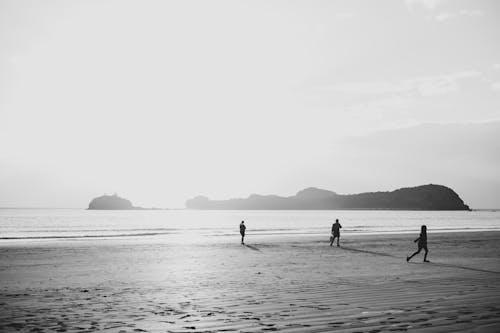 Grayscale Photo of People Walking at the Beach