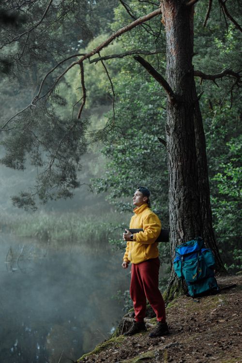Free Person enjoying a foggy morning hike by a serene river in lush woods. Stock Photo
