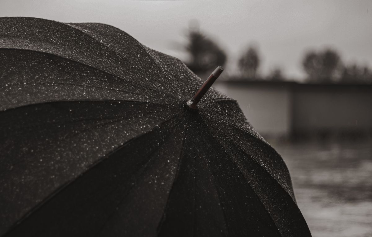 An umbrella covered in raindrops
