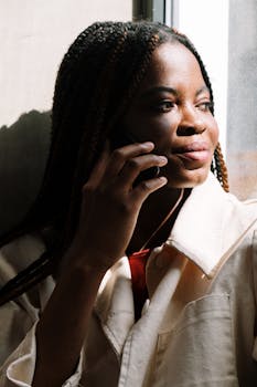 A woman with braided hair talking on a cellphone by a sunny window, showcasing modern communication.