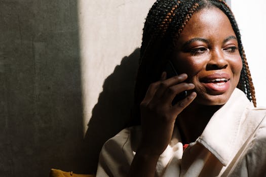 Woman with braids smiling while talking on her mobile phone indoors. Sunlit portrait.