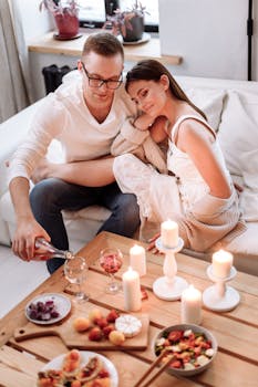 一对夫妇在室内享用着配有蜡烛、葡萄酒和水果的舒适浪漫晚餐