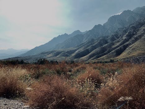 Stunning view of mountains and shrubland near Yinchuan, Ningxia, China.