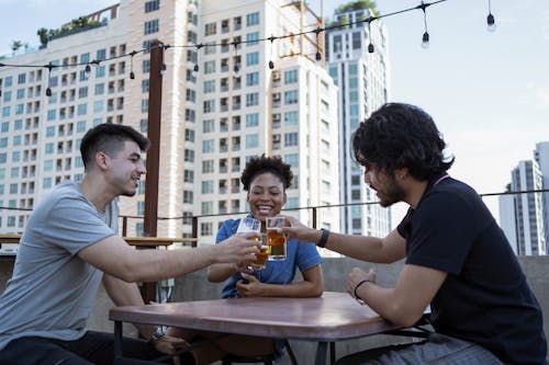 A Group of Friends Toasting Drinks while Having Conversation