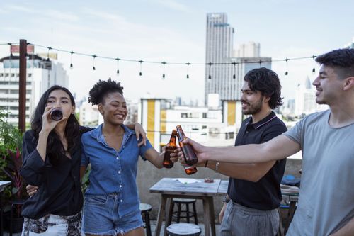 Free Diverse group of friends toasting with beers on a rooftop gathering, enjoying a sunny day. Stock Photo