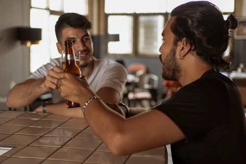Free Two men enjoying a drink together, clinking beer bottles in a casual bar setting. Stock Photo