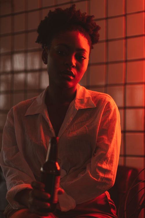 Free Dramatic lighting casts a warm glow on a woman sitting indoors with a bottle. Stock Photo