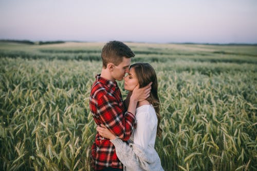 Uomo E Donna Che Baciano Sul Campo Di Erba Verde