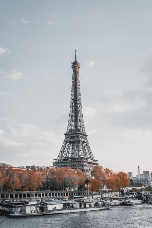 Free Stunning view of the Eiffel Tower in Paris with fall foliage by the Seine River. Stock Photo