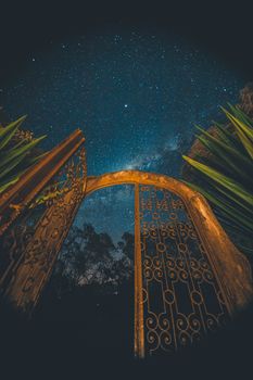 金色大门在低角度靠近树木，夜晚蓝天下星星闪烁