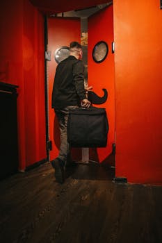 A person enters through red double doors carrying a delivery bag, showcasing urban delivery life.