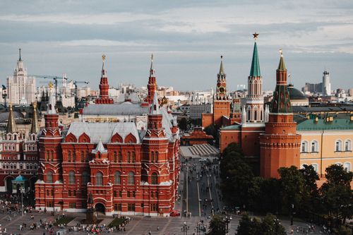 Free A stunning aerial view of Moscow featuring the State Historical Museum and the Kremlin. Stock Photo