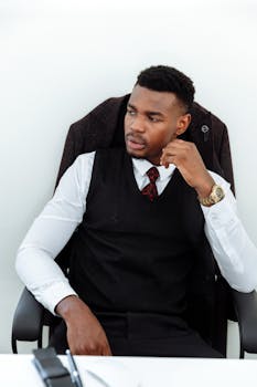 一位优雅的商人身着正式西装，在办公室的桌子前沉思