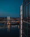在黄昏的天空下，照亮的吊桥横跨河流，映衬着城市天际线