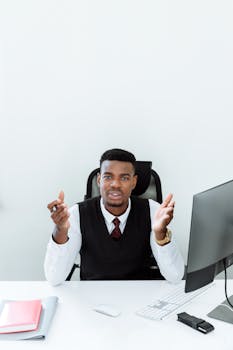 Confident African American businessman having a discussion at his office desk.
