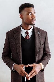 一位穿着棕色西装的时尚非裔美国男子若有所思，手里拿着笔