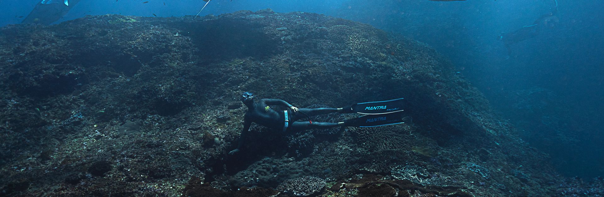 Scuba divers exploring coral reefs with manta rays in Bali, Indonesia.