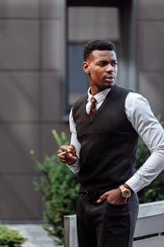 一位身着商务装的自信男子在户外吸烟，尽显风度和优雅