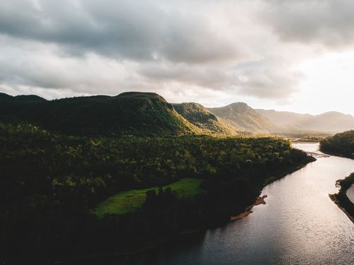 Free Calm lake flowing among green forest with trees near mountainous terrain against cloudy sky in summer evening in nature outside Stock Photo