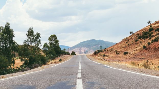 一条笔直的道路穿过沙漠，两旁是稀疏的植被和遥远的山脉