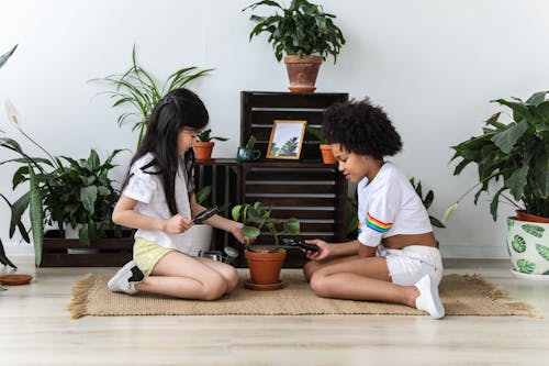 Side view of multiethnic kind girls with magnifier and pruning shear growing green potted plant while sitting on carpet in modern room